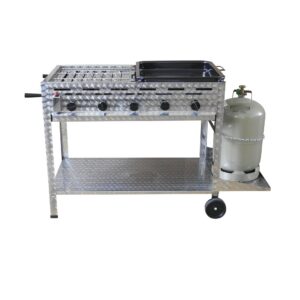 Cookmax Professionele gasgrill 5-pits, verrijdbaar, met 1/2 rooster en 1/2 pan