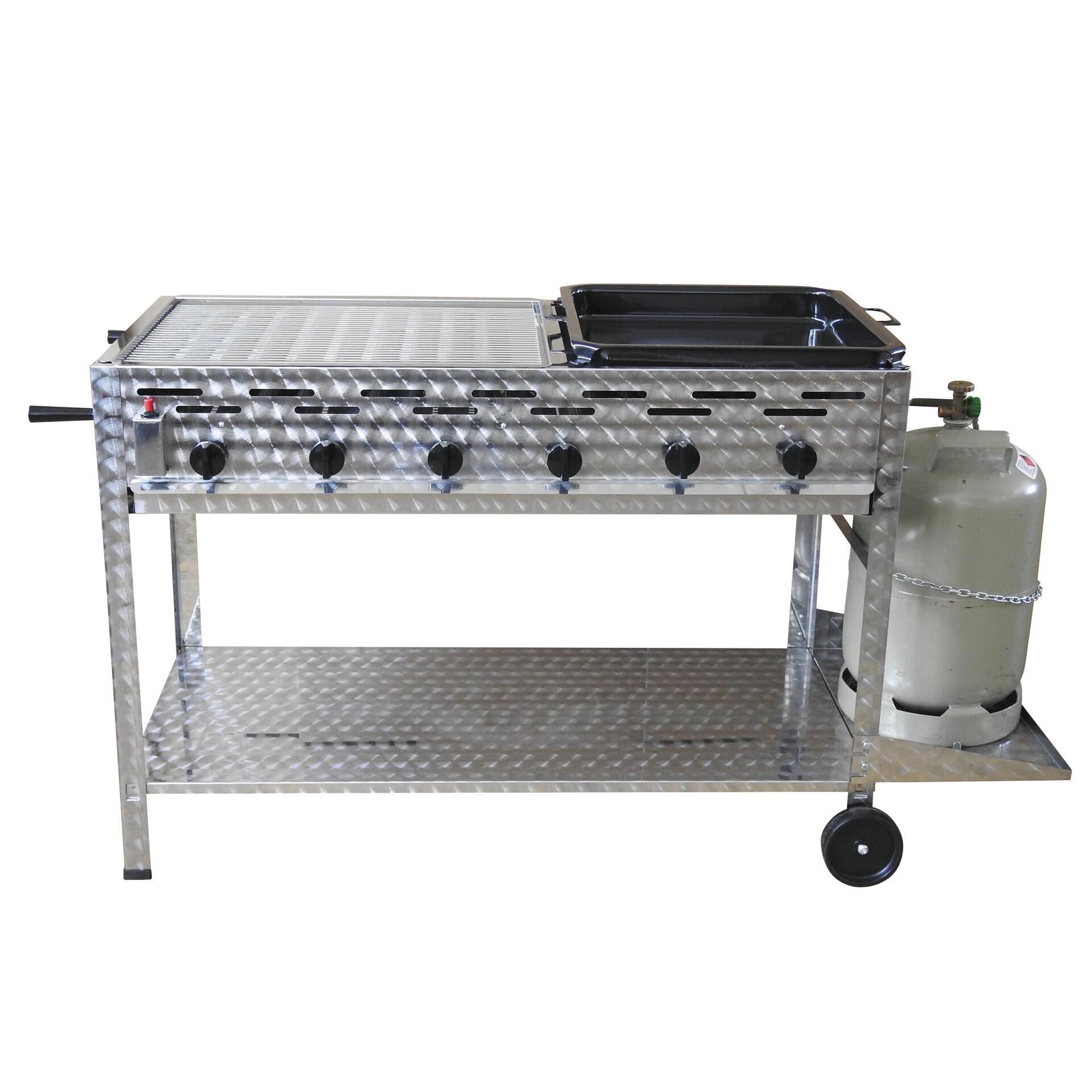 Cookmax Professionele gasgrill 6-pits, verrijdbaar met 3/5 rooster en 2/5 pan