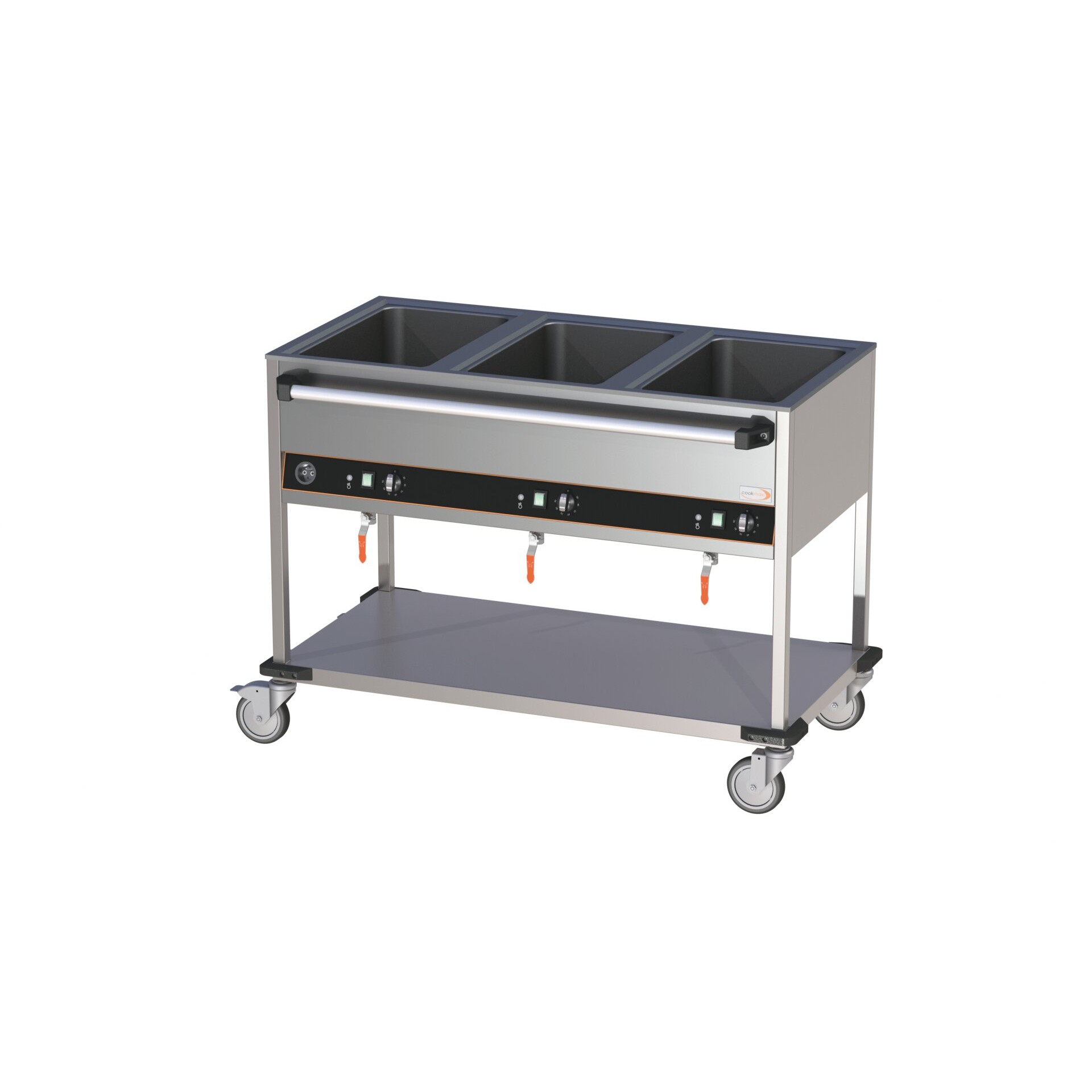 Cookmax Bain-Marie wagen 3 x GN 1/1 bedieningsstrip lange zijde 3 bakken open onderbouw