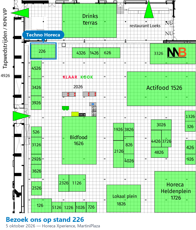 Plattegrond Horeca Xperience met stand 226 van Techno Horeca gemarkeerd