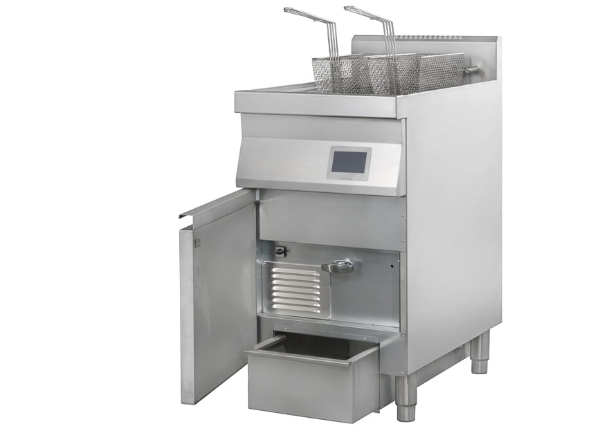 Stand-alone friteuse met geopende deur en vetlade